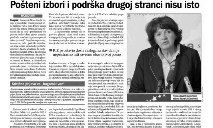 Vesna Rakić Vodinelić: Pošteni izbori i podrška drugoj stranci nisu isto